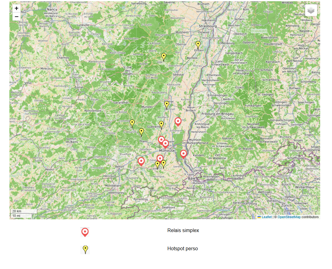 Carte des relais simplex et hotspots personnels de CORASUN dans le Haut-Rhin et le Bas-Rhin